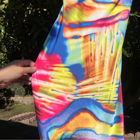 NWT COSEL rainbow multicolor tie dye print draped sleeveless midi dress - Picture 3 of 5